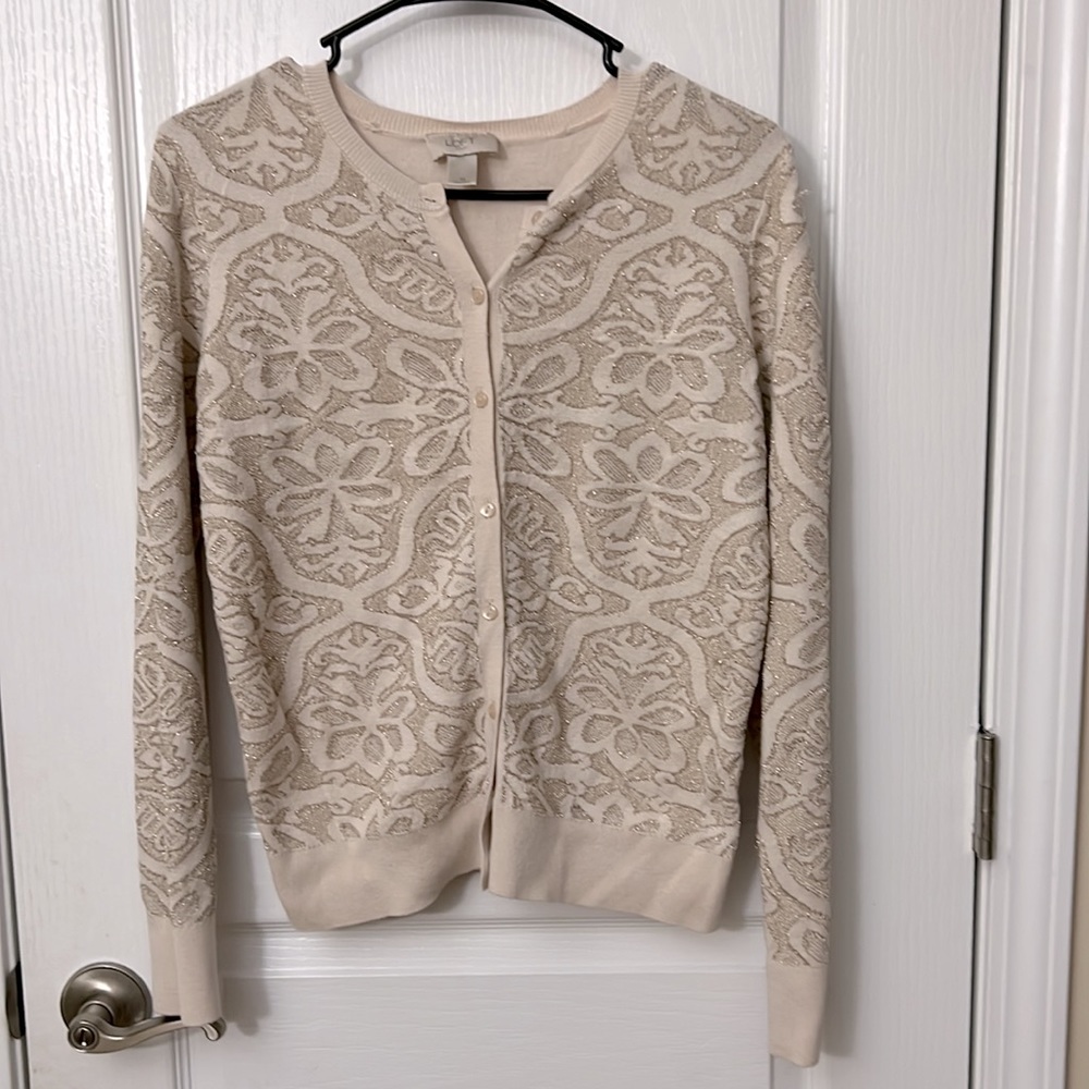 Loft /Ann Taylor Cardigan with gold thread self design.